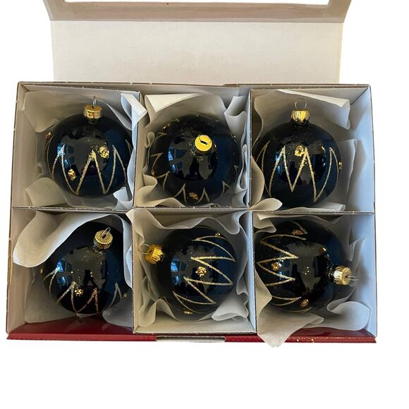 VITBIS Handcrafted Glass Ornaments Set of 6 Navy Blue & Gold Made in Poland NEW - Picture 14 of 16